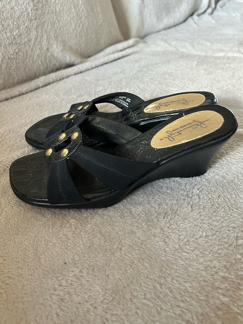 90s inspired black Wedge Slide Sandals with gold detail -Soft Style Hush Puppies